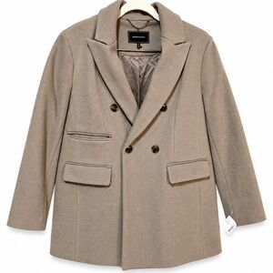 BCBGMAXAZRIA Women's Beige Wool Double Breasted Pea Coat L Pockets